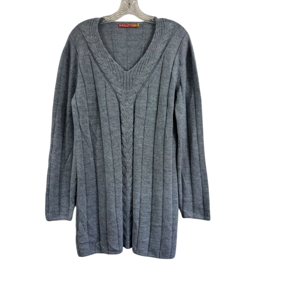KUNA Sweater 100% Baby Alpaca Cable Knit V-Neck Pullover Tunic Blue Women's XL